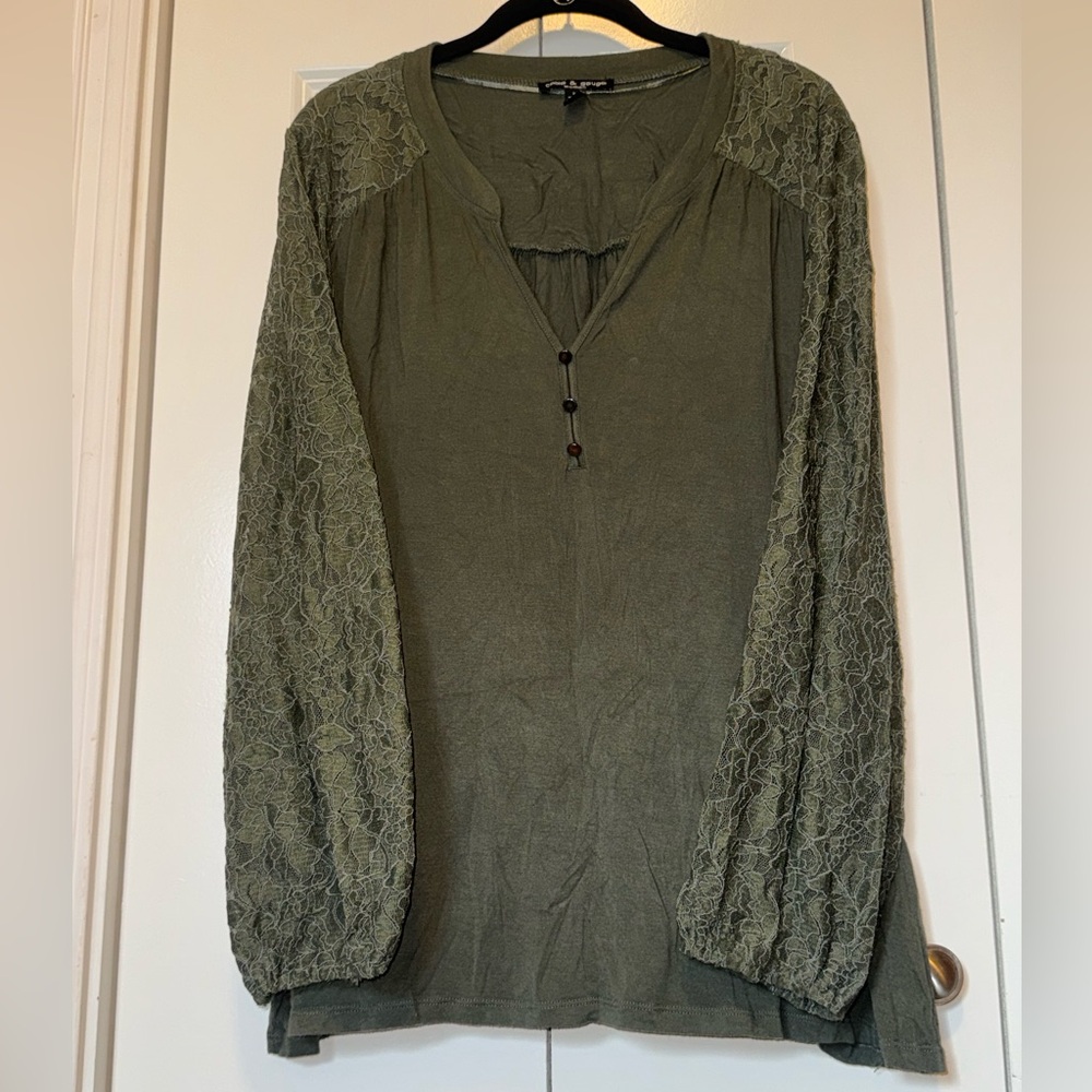 Cable & Gauge Olive Green Lace Sleeve Blouse Women's 3X Soft Knit Top